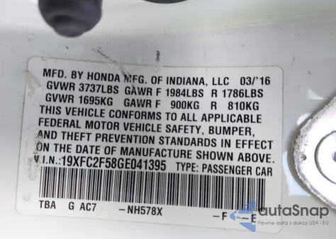 2016 Honda Civic Lx from USA, damaged, VIN 19XFC2F58GE041395